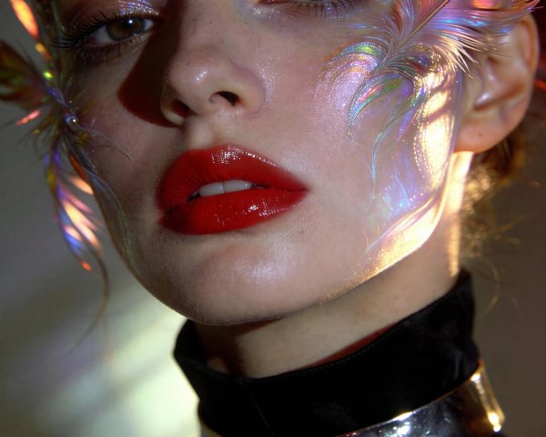 Close-Up Portrait of a Woman with Iridescent Makeup