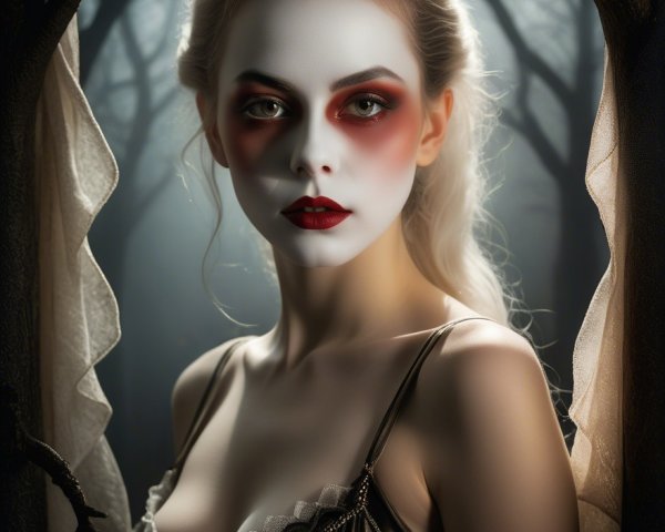 Mysterious Figure in Dark Forest with Striking Makeup