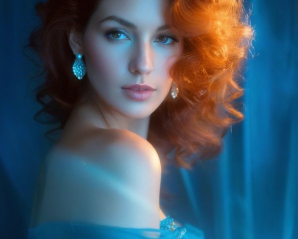 Woman with Wavy Red Hair in Soft Blue Backdrop
