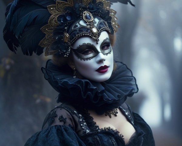 Masquerade Figure in Foggy Forest with Dramatic Costume