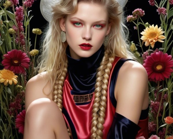 Model in Red and Black Outfit with Floral Background