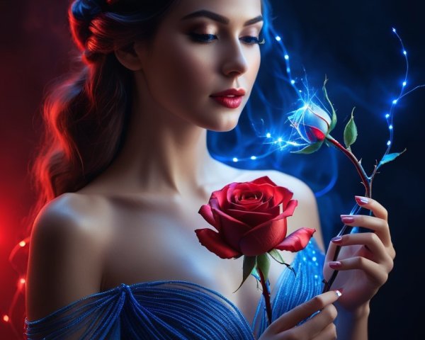 Ethereal Woman in Blue Gown with Red Rose and Lights