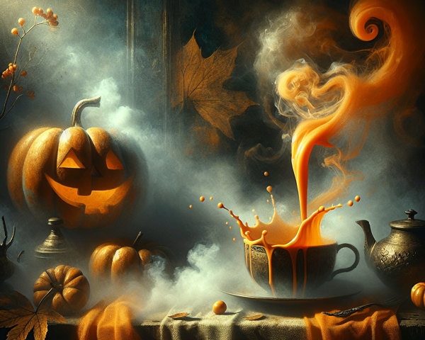 Whimsical Autumn Scene with Carved Pumpkins and Fog
