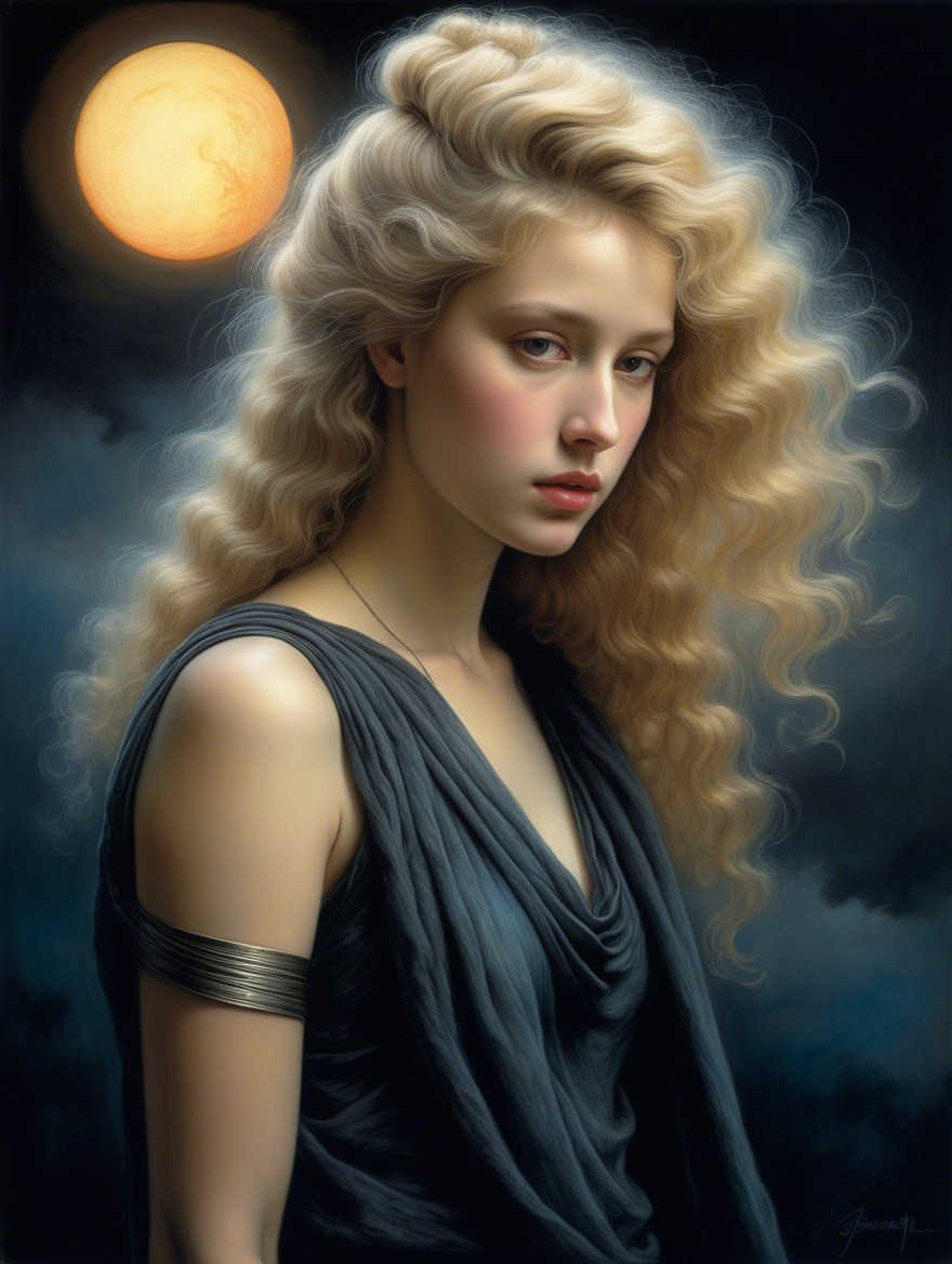 Young Woman with Blonde Curls and Moonlit Glow