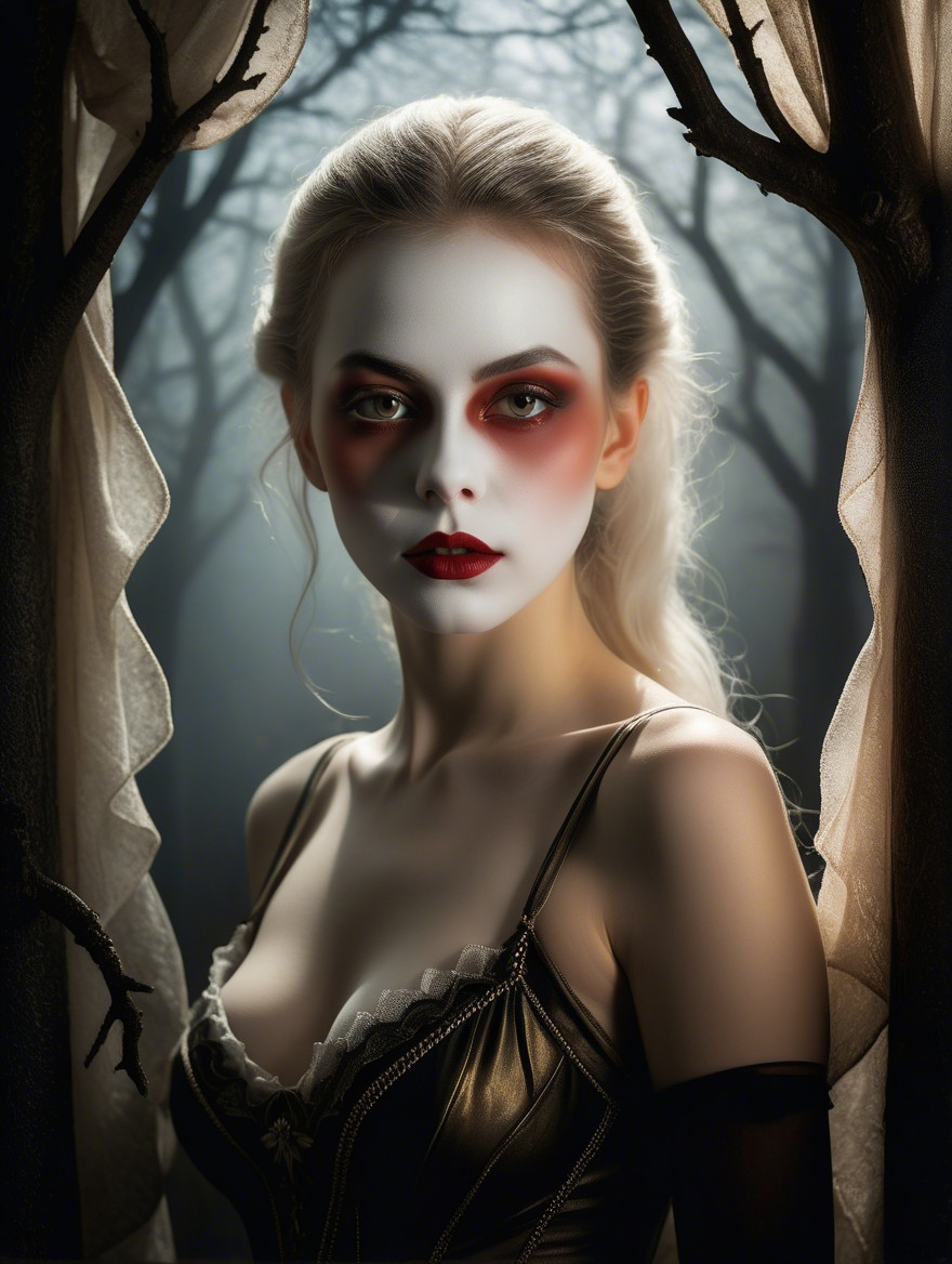 Mysterious Figure in Dark Forest with Striking Makeup