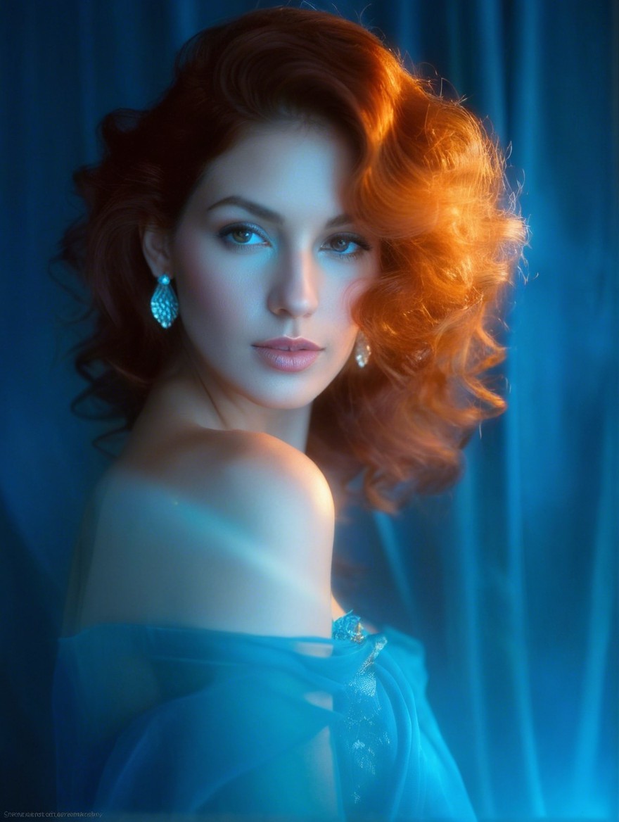 Woman with Wavy Red Hair in Soft Blue Backdrop