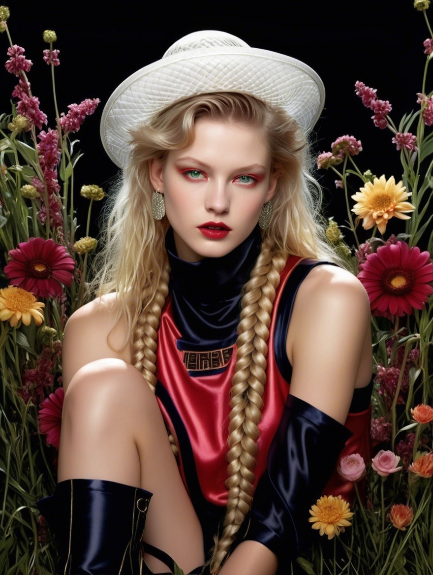 Model in Red and Black Outfit with Floral Background