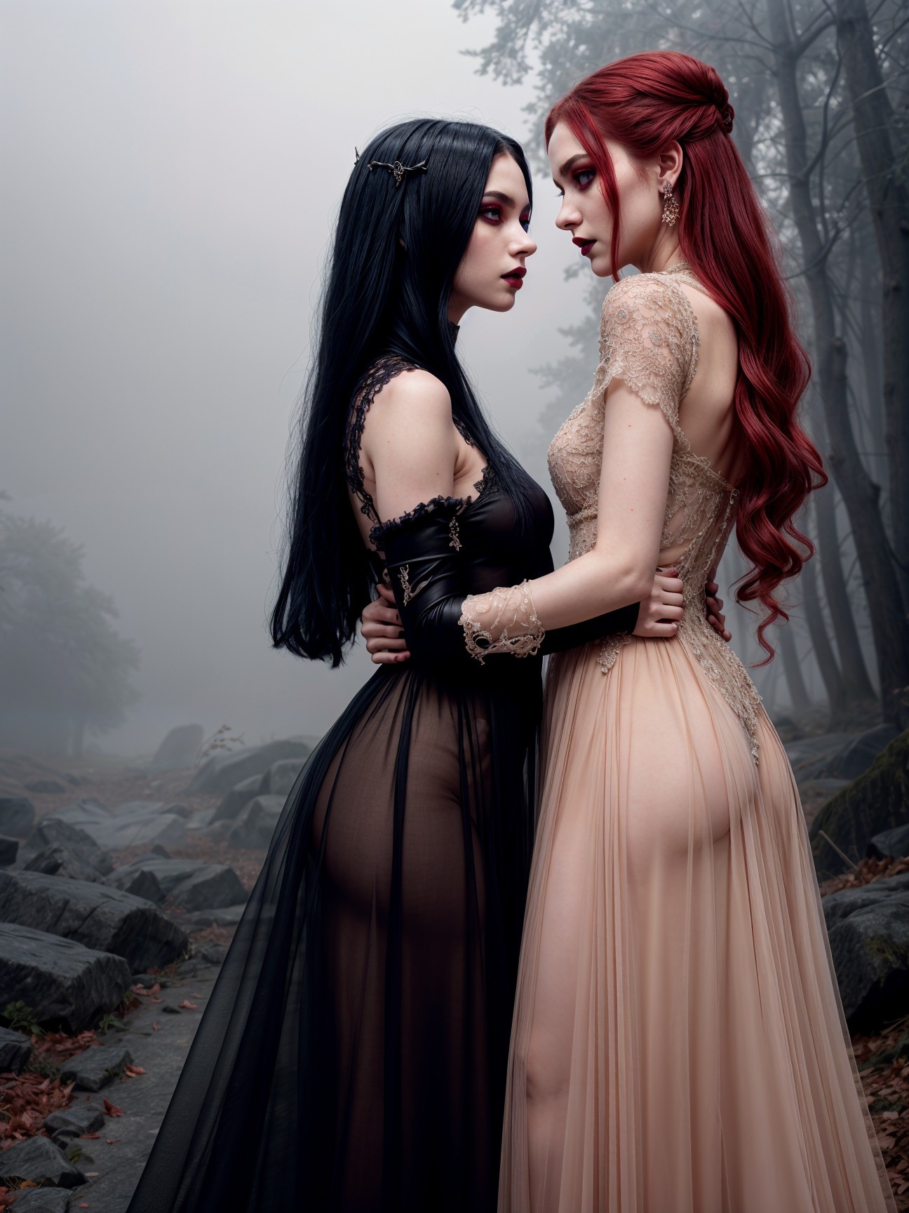 Ethereal Figures in Misty Forest Setting