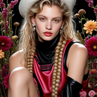 Confident Young Woman in Stylish Outfit Surrounded by Flowers