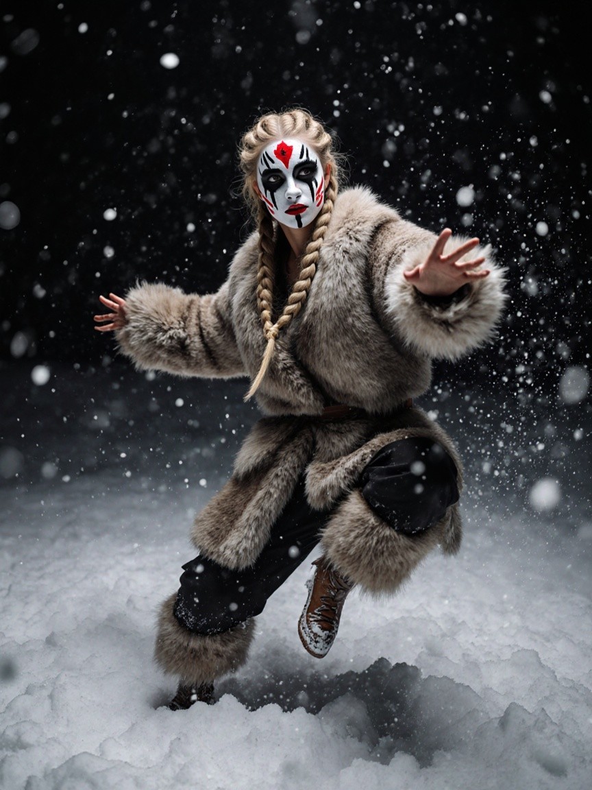 Figure in Fur Coat with Mask in Snowy Landscape