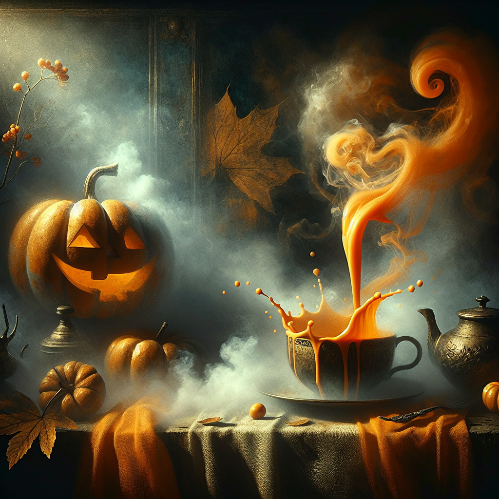 Whimsical Autumn Scene with Carved Pumpkins and Fog