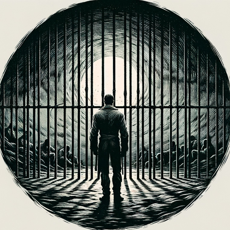 Solitary Figure Gazing at Moon Through Prison Bars
