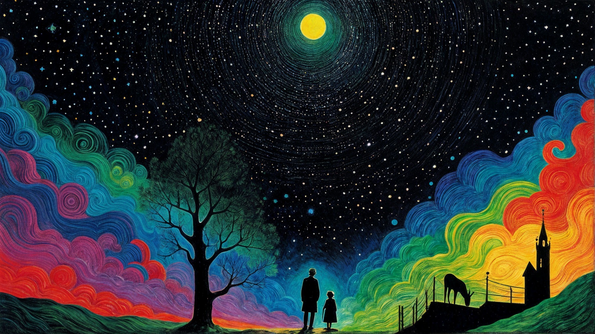 Vibrant Night Sky with Silhouetted Figures and Landscape