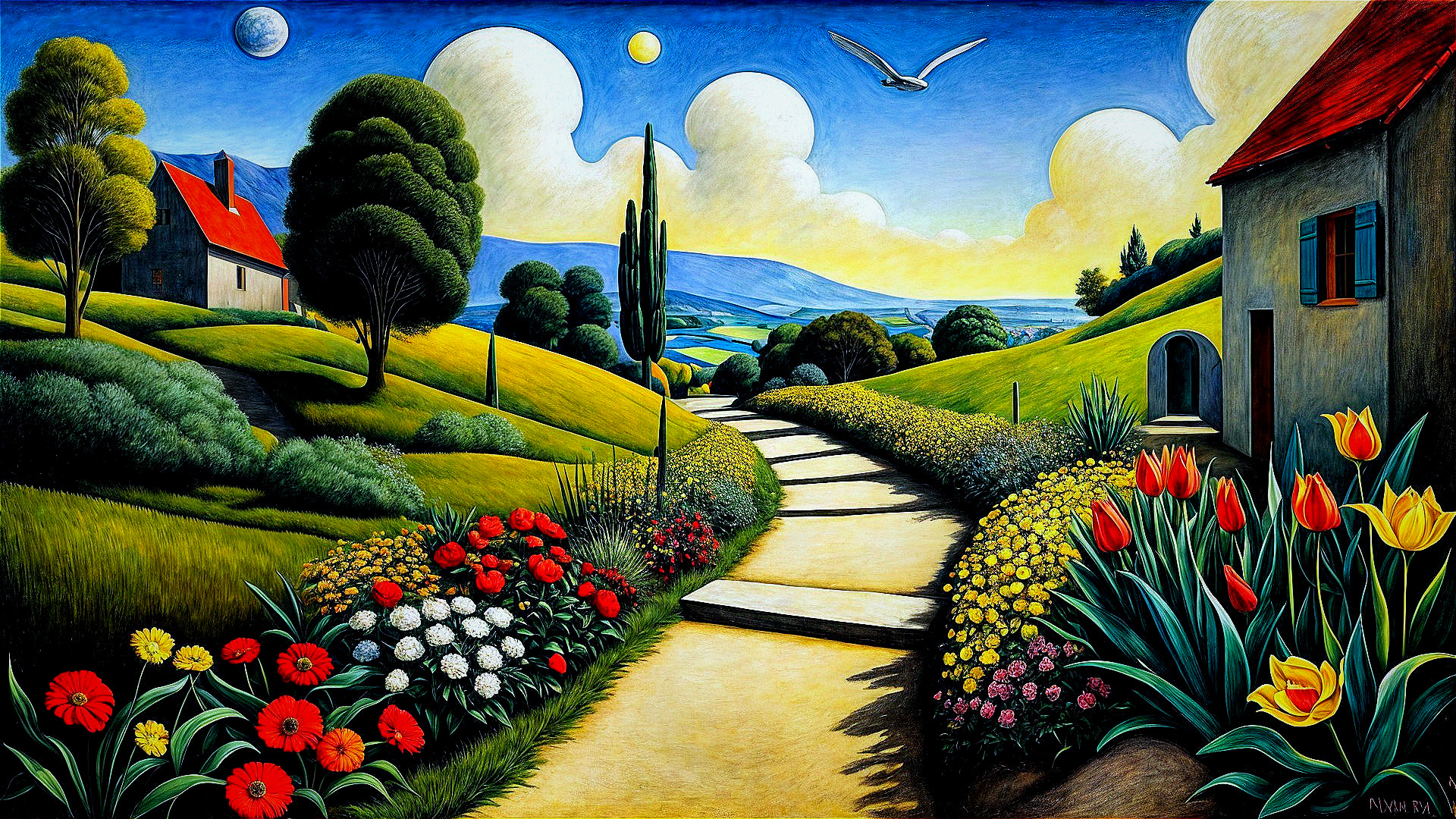 Vibrant Landscape with Winding Path and Charming Houses