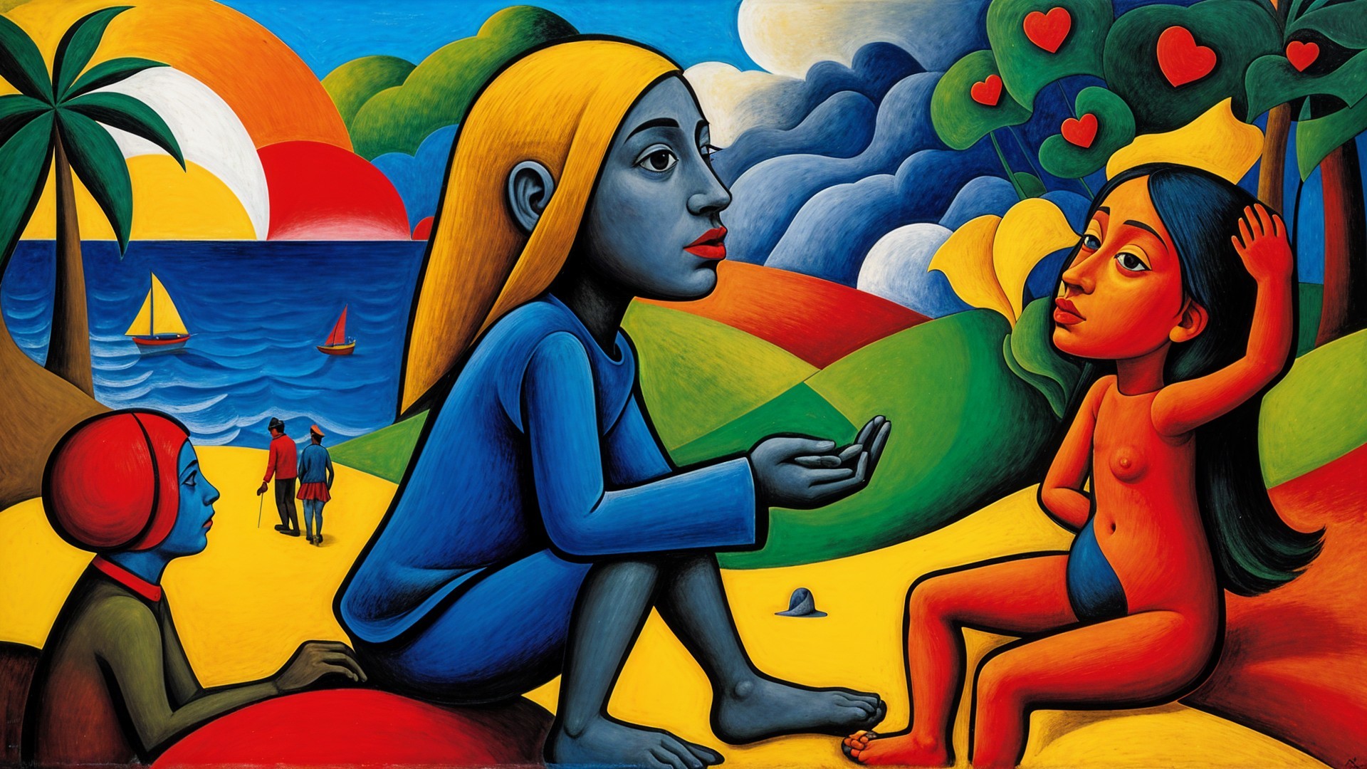 Vibrant Scene with Three Figures and Dynamic Background