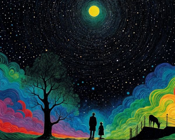 Vibrant Night Sky with Silhouetted Figures and Landscape