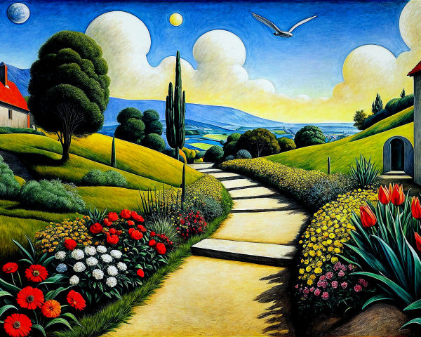 Vibrant Landscape with Winding Path and Charming Houses