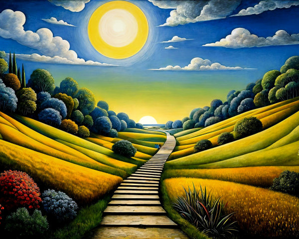 Vibrant Landscape with Colorful Trees and Sunset