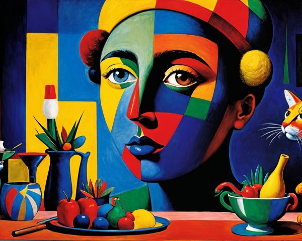 Vibrant Still Life with Abstract Face and Geometric Shapes