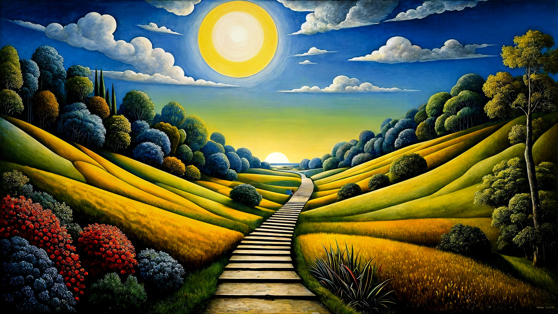 Vibrant Landscape with Colorful Trees and Sunset