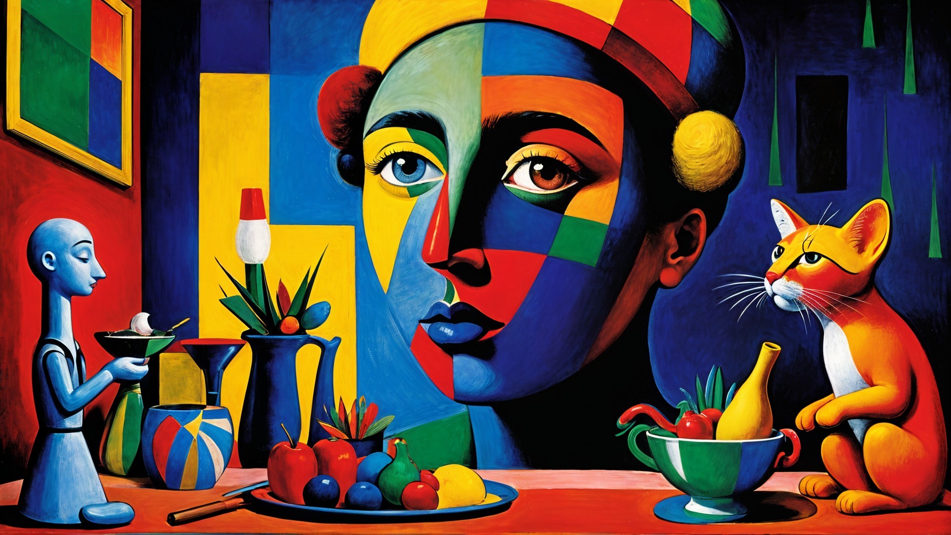 Vibrant Still Life with Abstract Face and Geometric Shapes