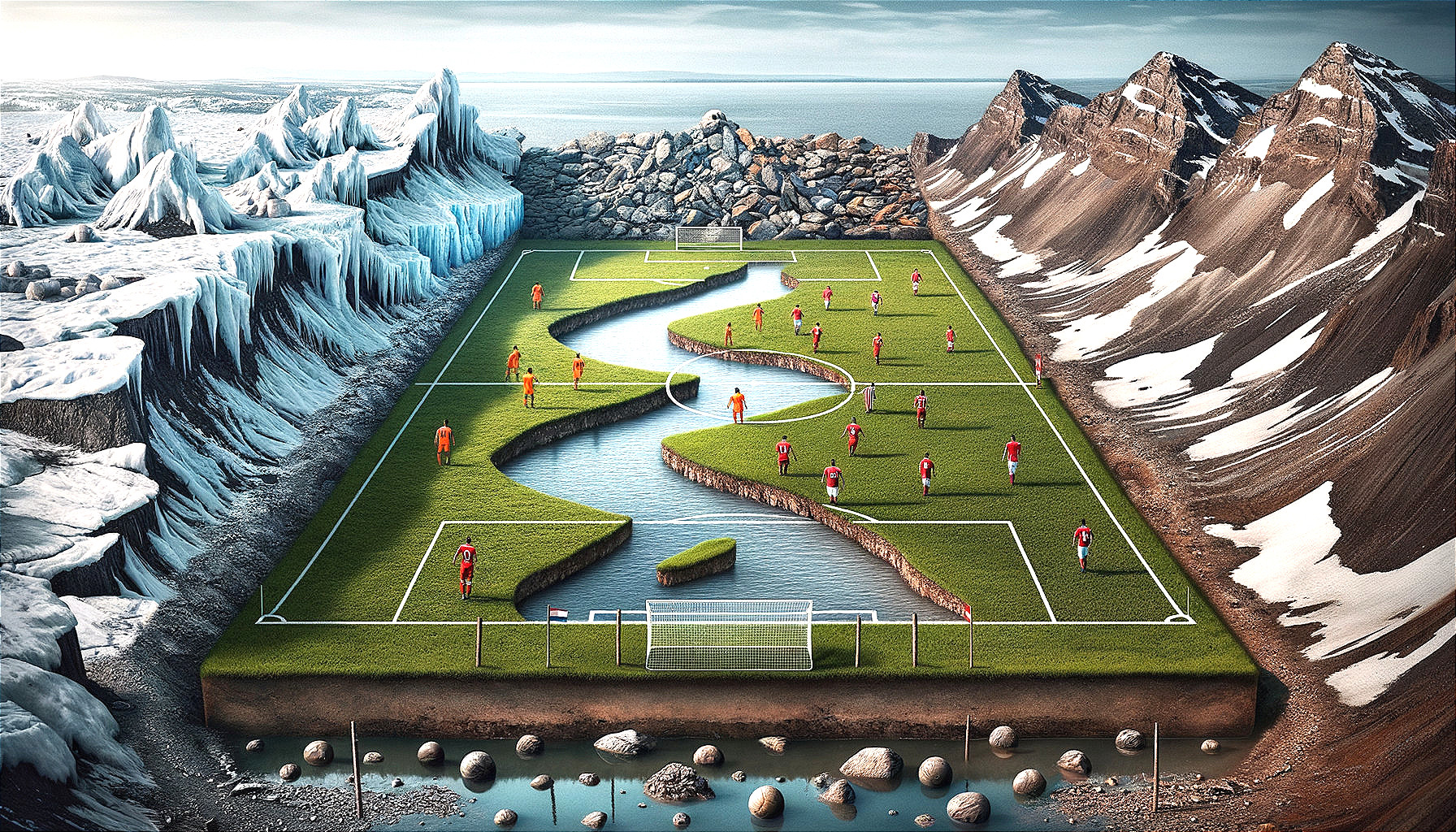 Surreal Soccer Field with River and Mountain Landscape