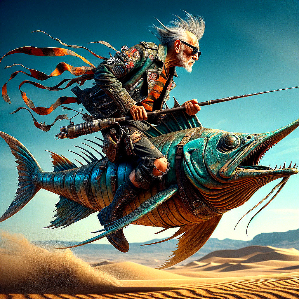 Elderly Man Riding Metallic Fish in Desert Landscape