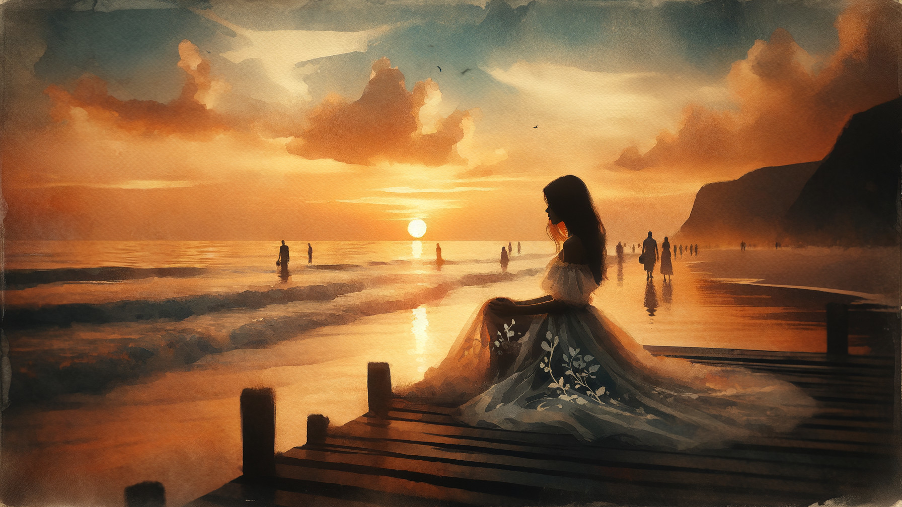Serene Beach Sunset with Silhouette and Calm Waves