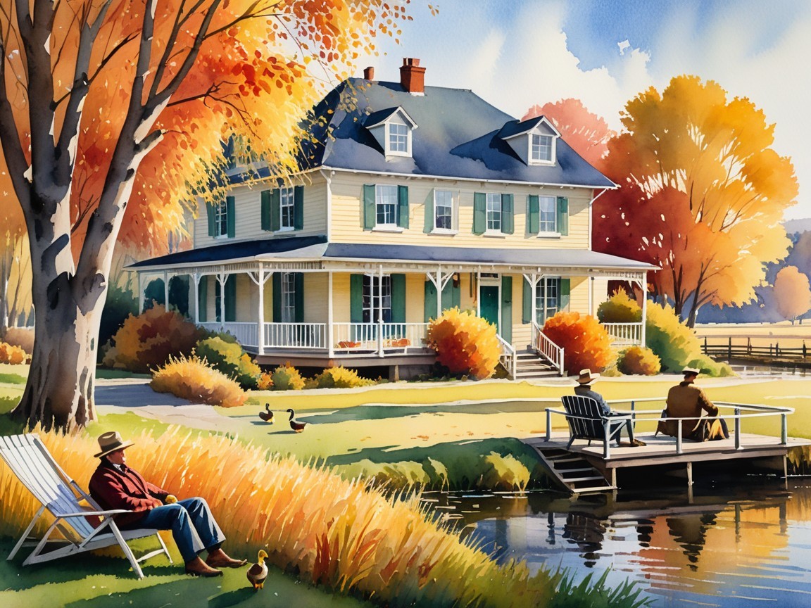 Autumn Scene with Yellow House and Vibrant Foliage