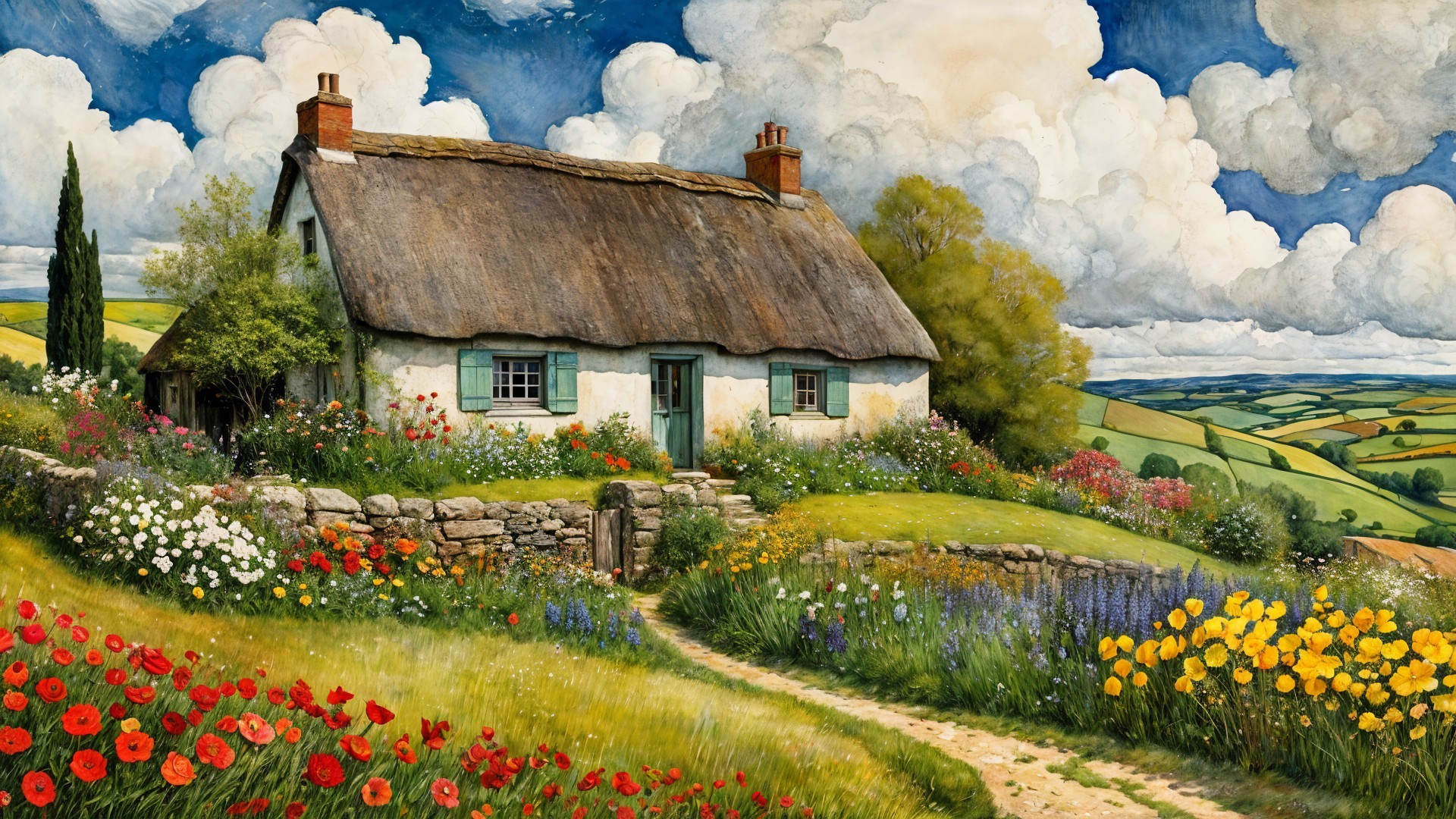Charming Thatched Cottage in Vibrant Countryside Scene