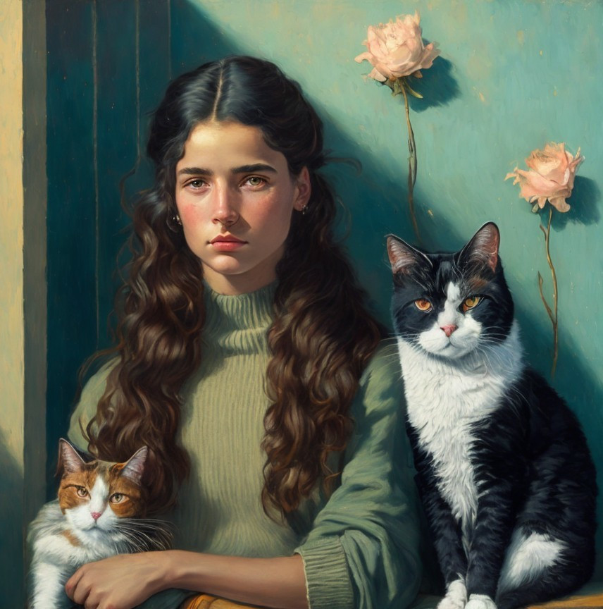 Young Woman with Cats in Serene Interior Setting