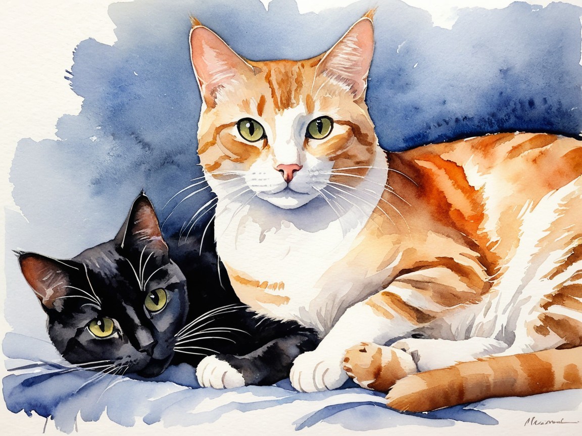 Watercolor Painting of Two Relaxed Cats on Soft Surface