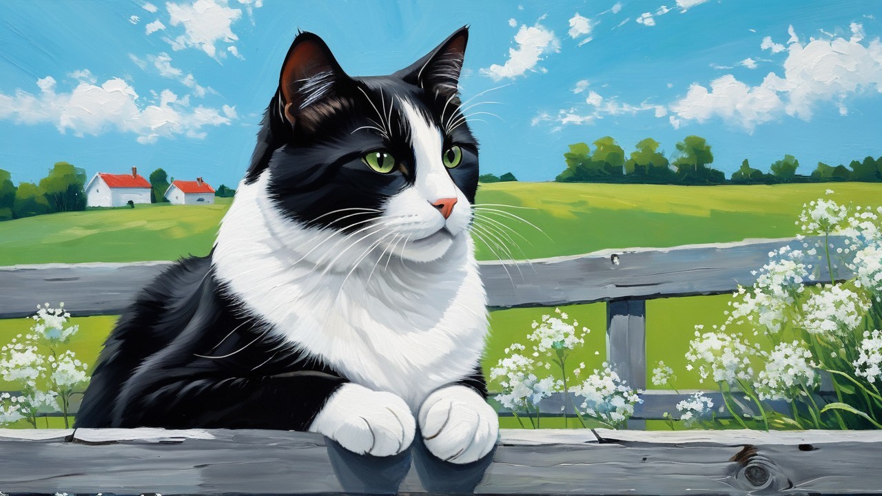 Black and white cat on a wooden fence in a landscape