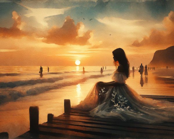 Serene Beach Sunset with Silhouette and Calm Waves