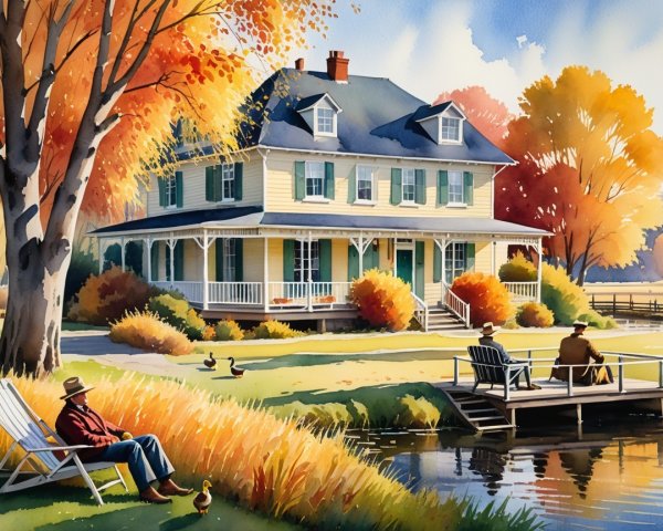 Autumn Scene with Yellow House and Vibrant Foliage
