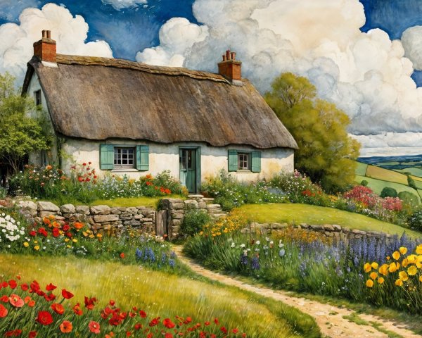Charming Thatched Cottage in Vibrant Countryside Scene