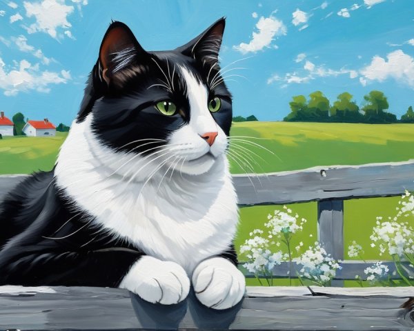 Black and white cat on a wooden fence in a landscape