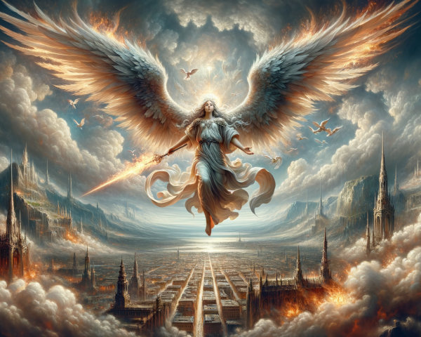 Majestic Angel with Feathered Wings in Vibrant Sky