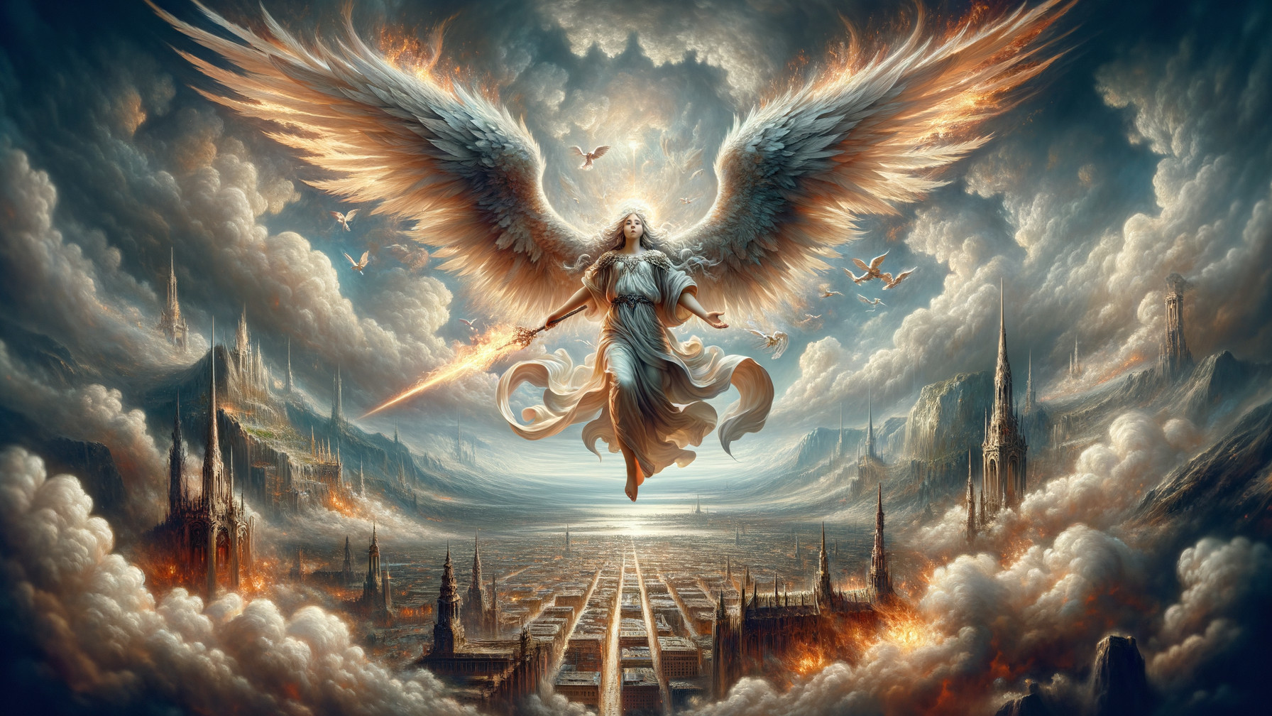 Majestic Angel with Feathered Wings in Vibrant Sky