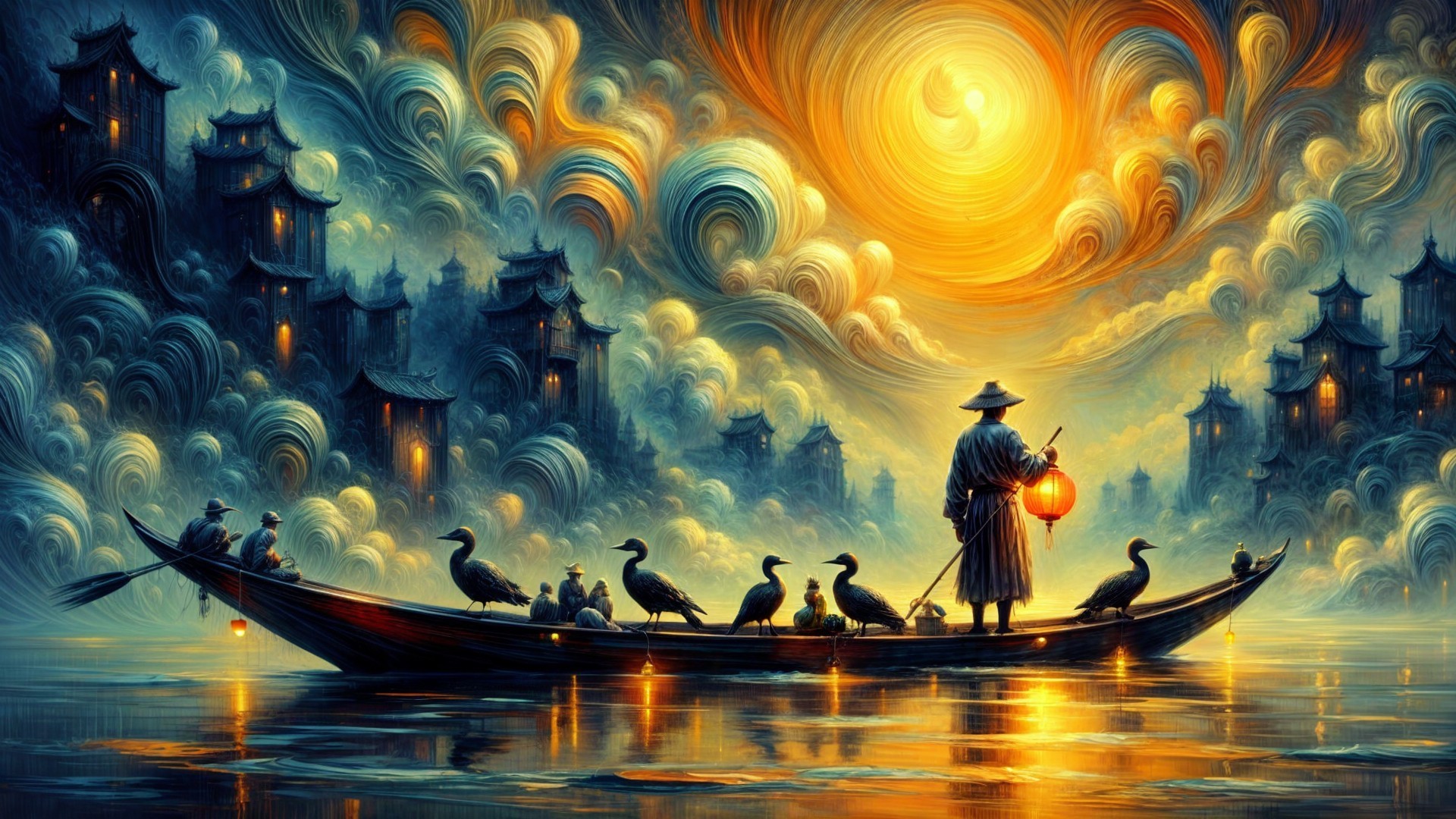 Tranquil River Scene with Lantern and Cormorants