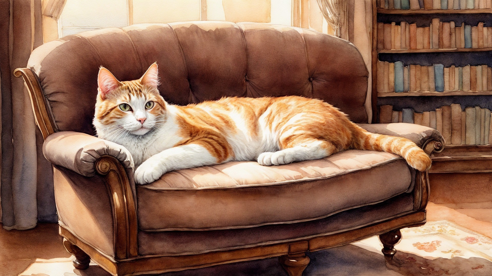 Orange-and-white cat on vintage couch in sunlit room