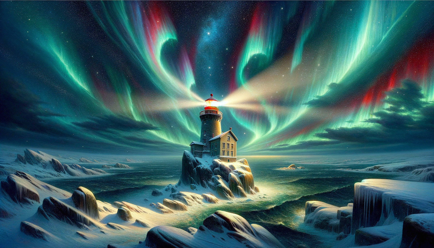 Surreal snowy cliff with lighthouse under majestic aurora borealis
