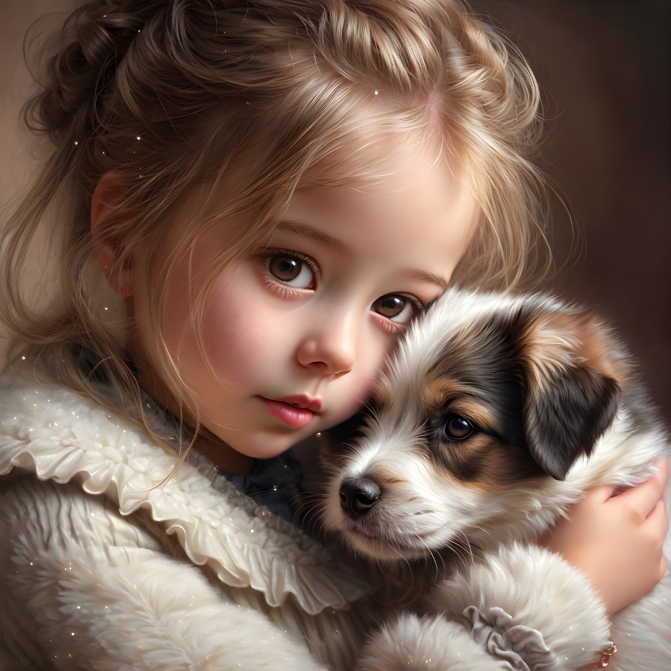 Young girl with expressive eyes holding cute puppy in warm moment