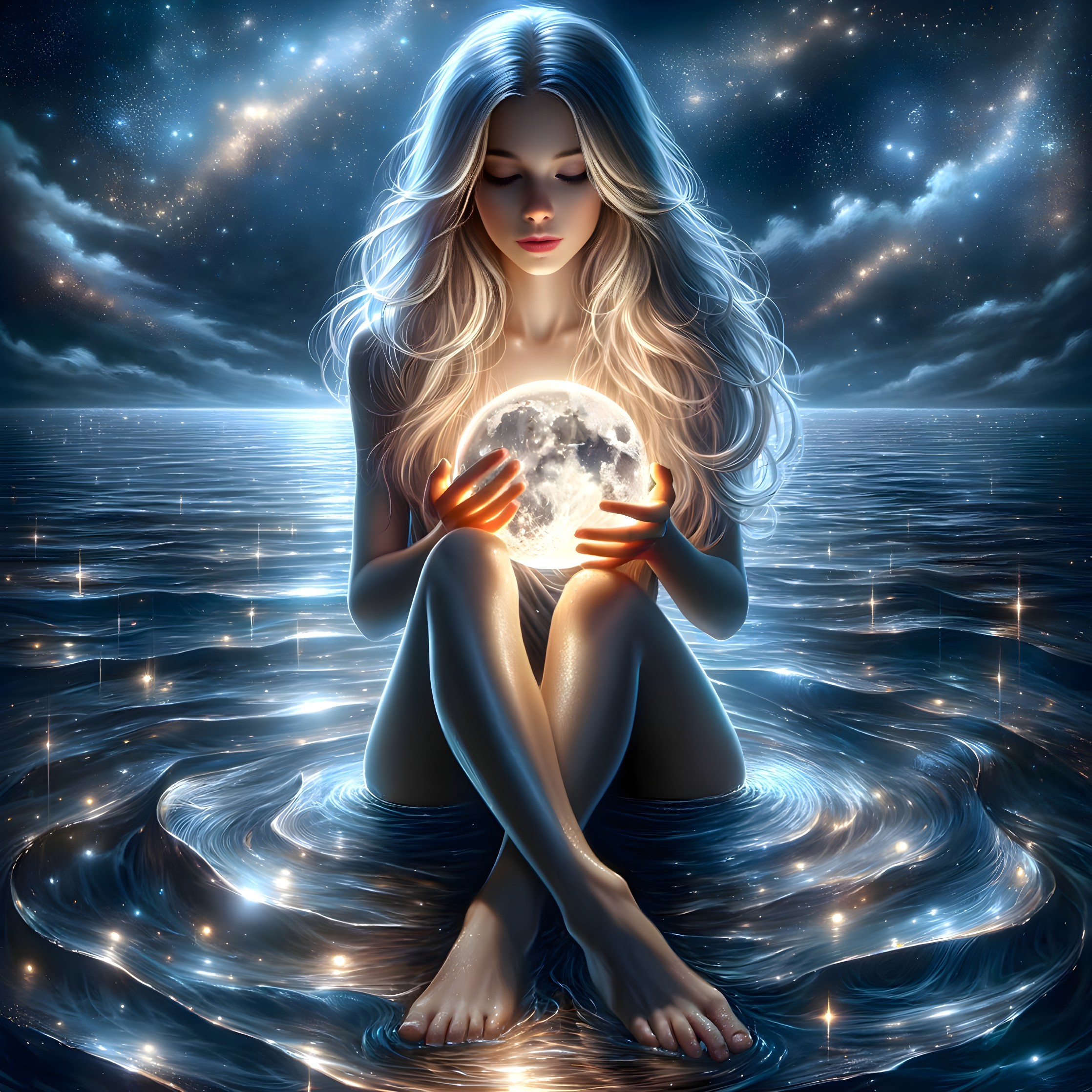 White-Haired Woman Sitting on Water with Glowing Orb and Stars