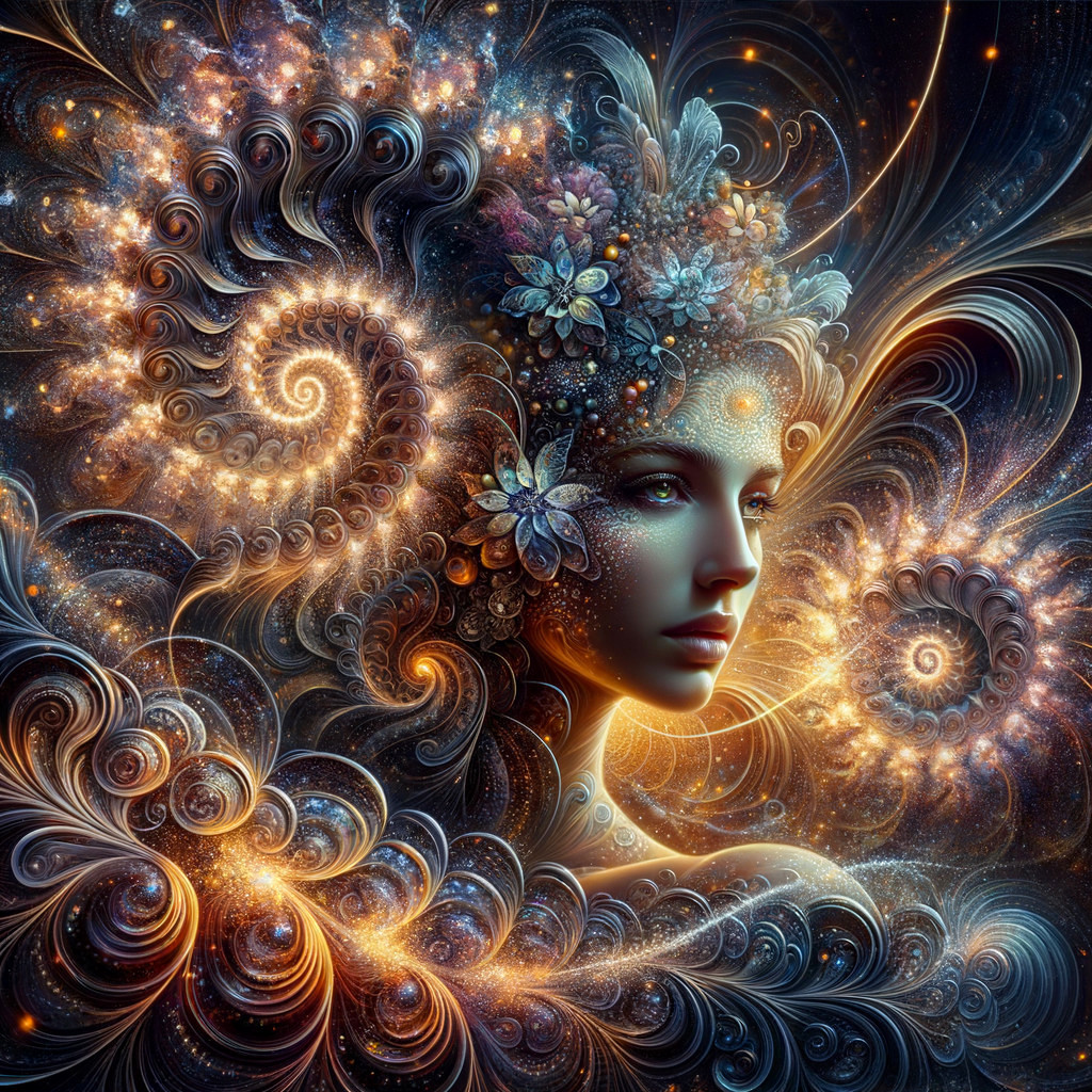 Cosmic-themed surreal portrait of a woman with floral elements