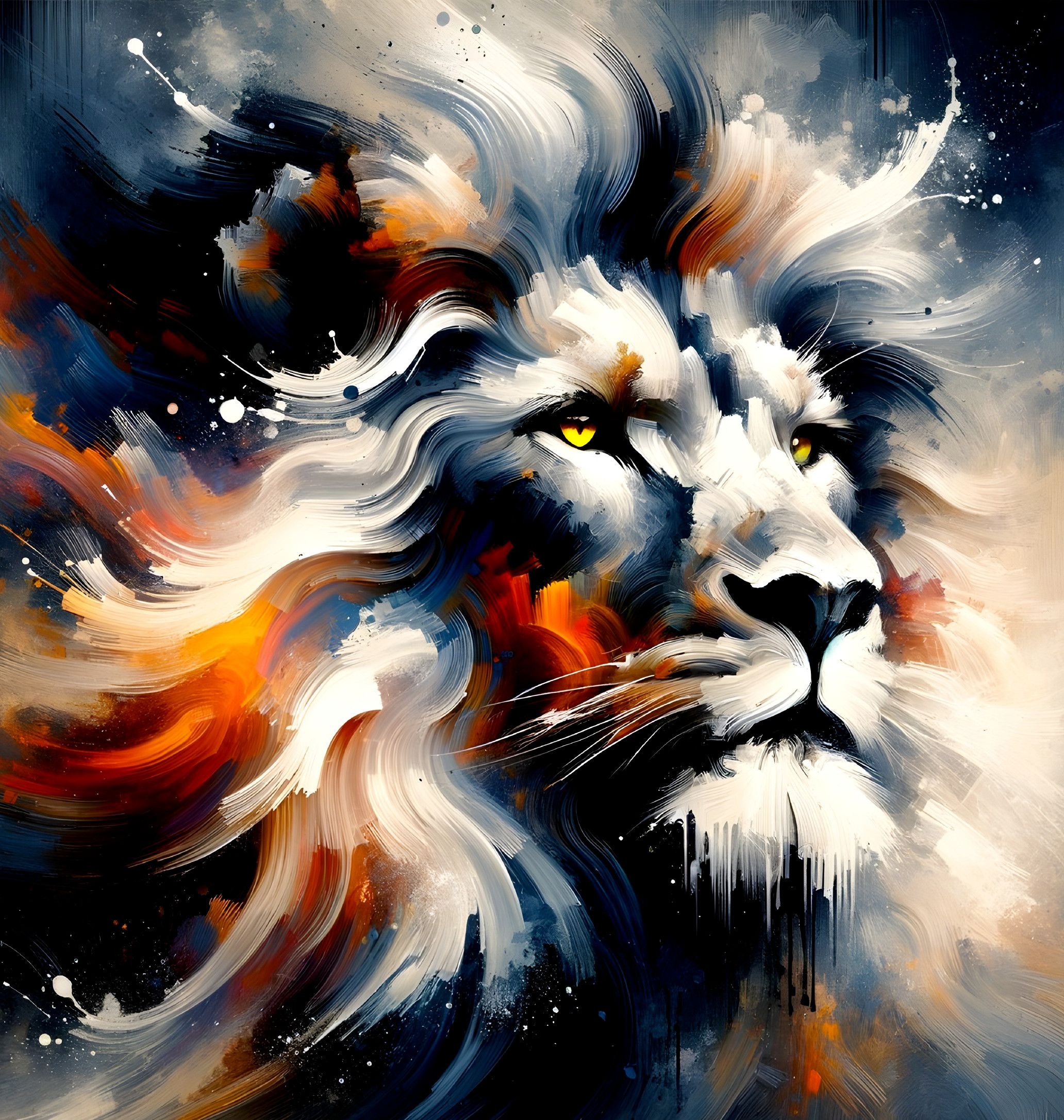 Abstract Lion Painting with Blue and Orange Swirls