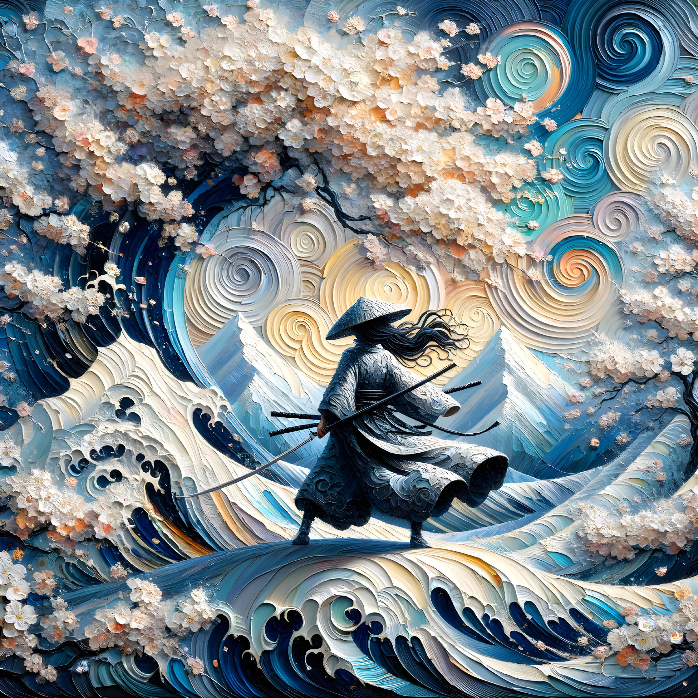 Colorful Samurai Artwork with Waves, Cherry Blossoms, and Stormy Sky