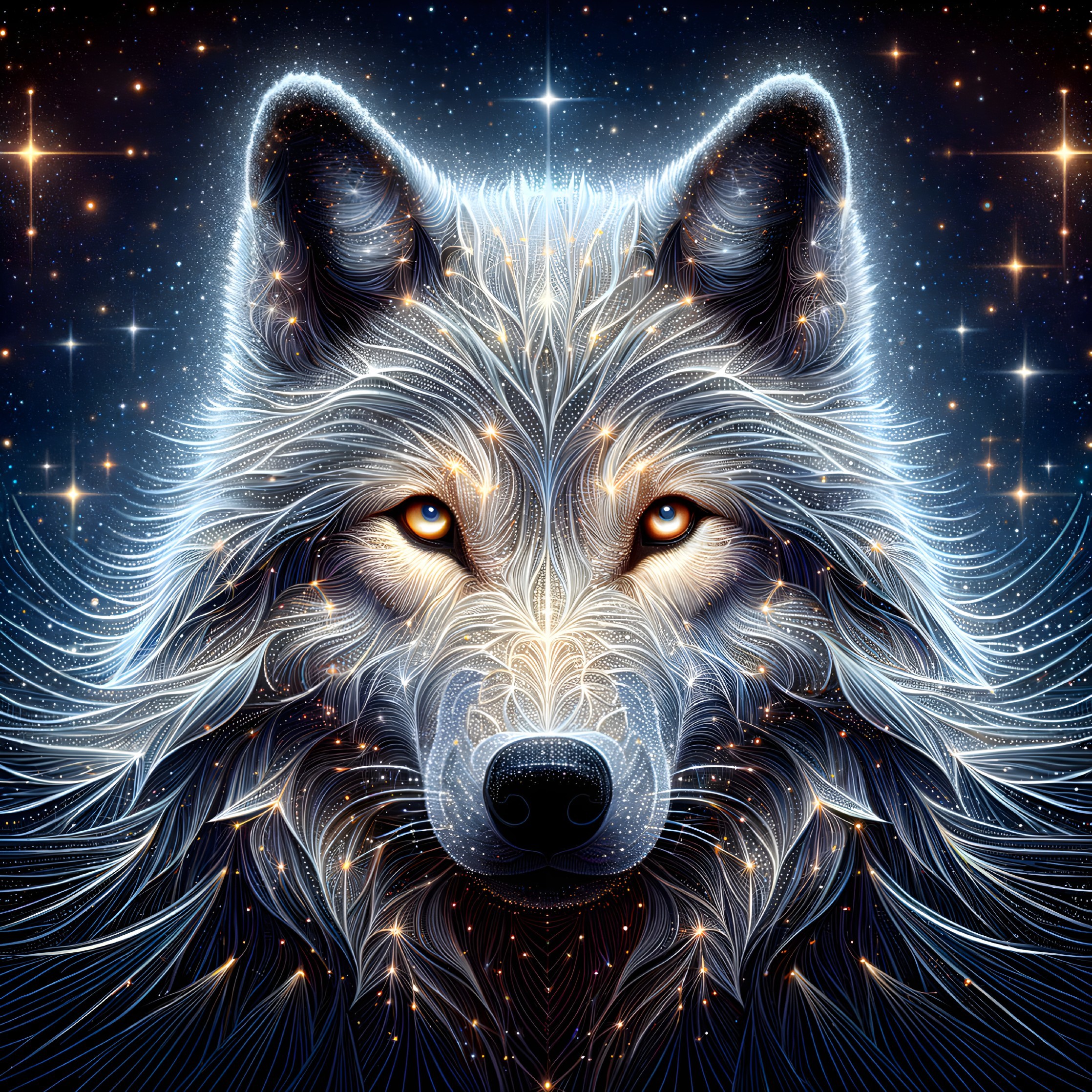 Detailed cosmic wolf digital illustration in blue and white with starry background