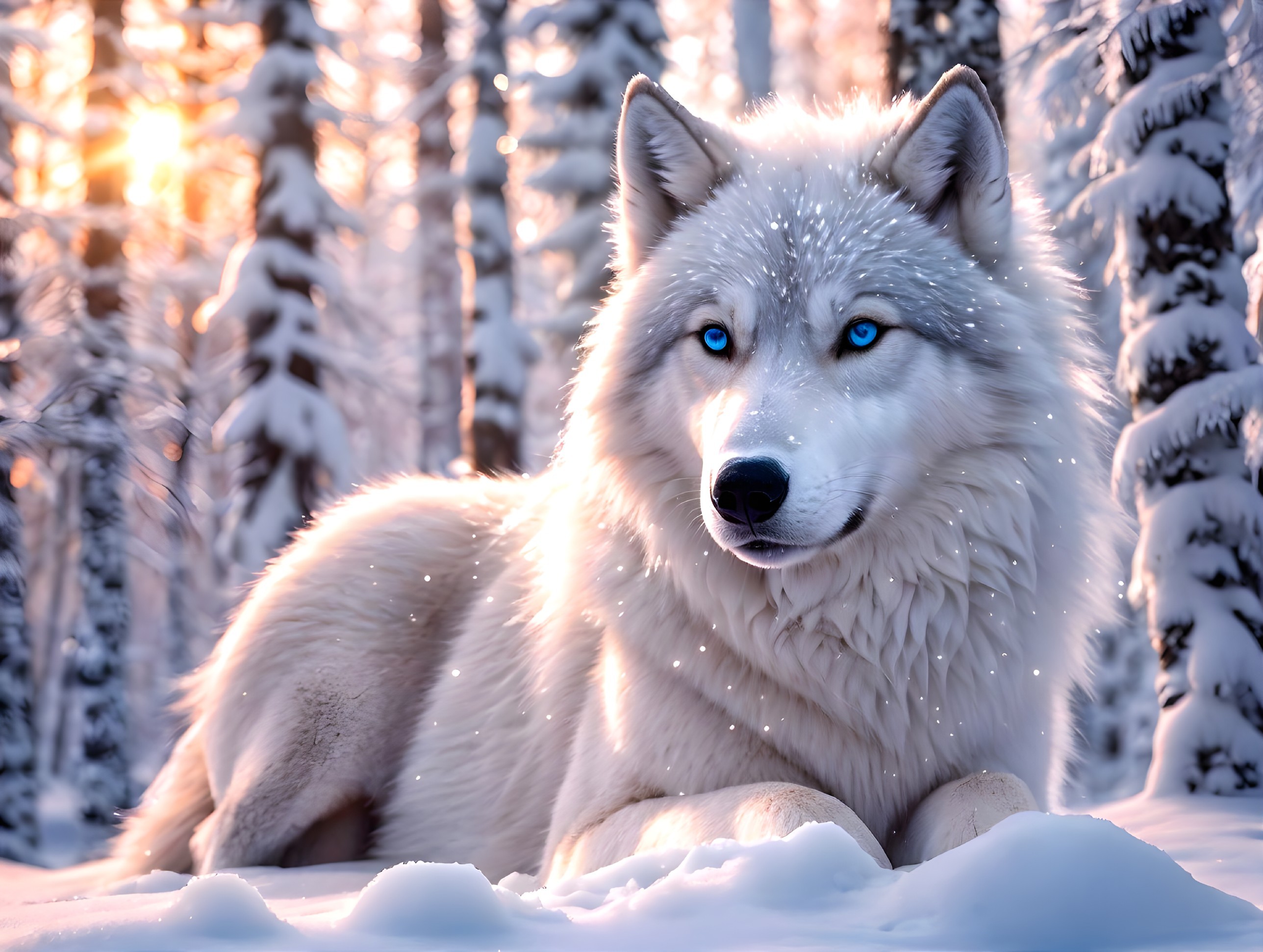 White Wolf with Blue Eyes Resting in Snowy Forest