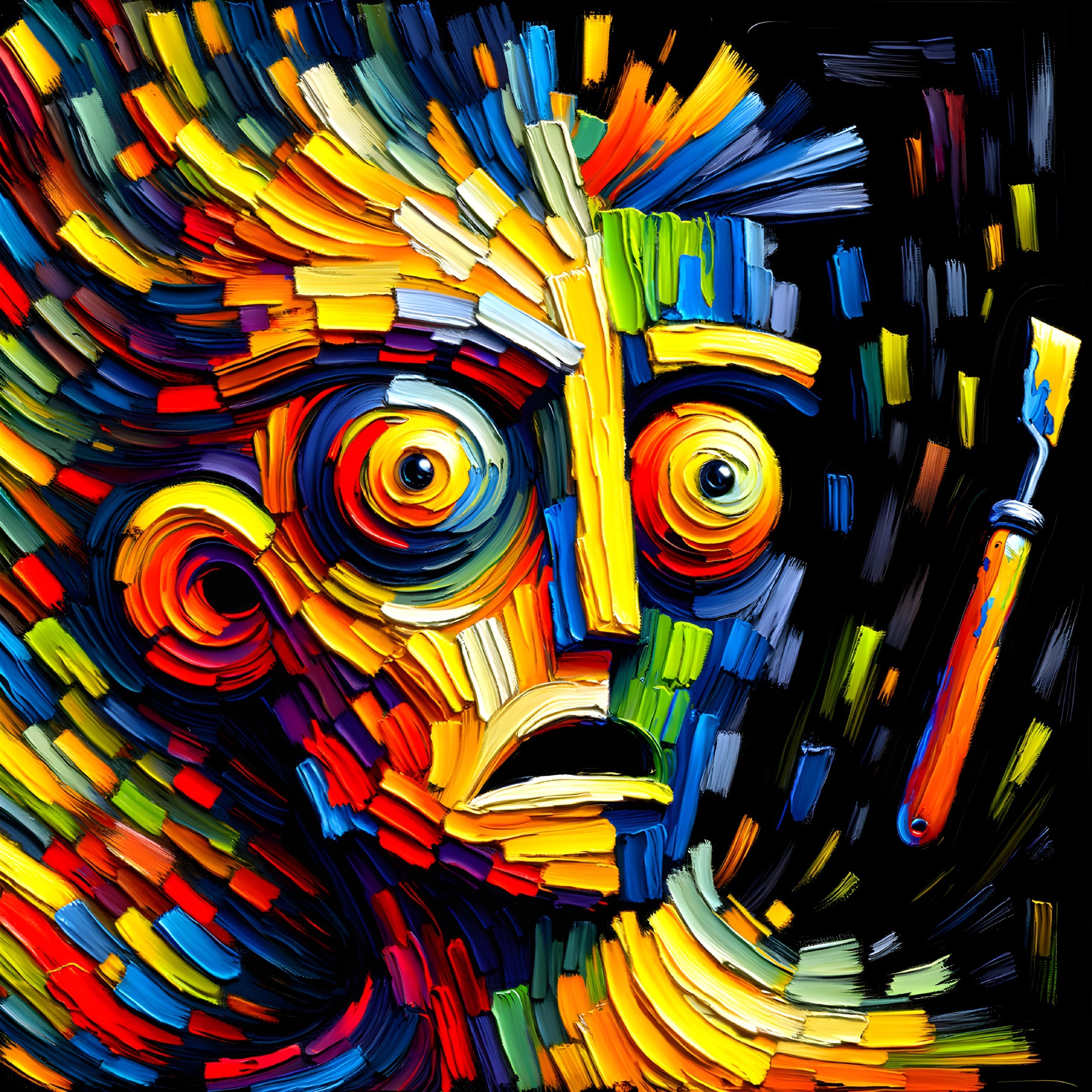 Colorful Abstract Painting of Face with Circular Eyes and Vibrant Brushstrokes